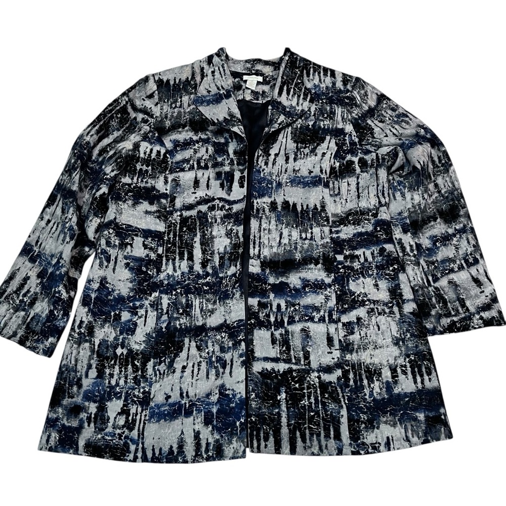 Chico's Size 2‎ Silvery Blue Abstract Blazer Jacket Cotton Silk Blend L 12 14
